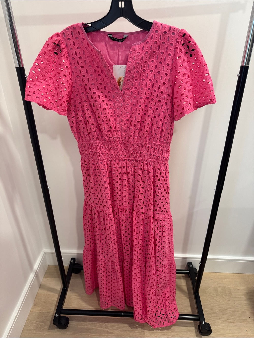 Pink Eyelet Midi Dress with Smocked Waist